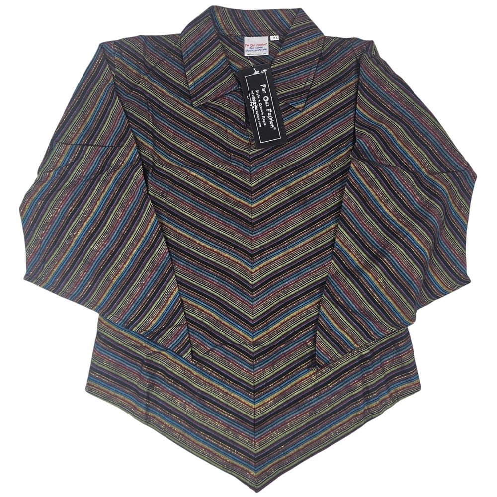 Far Out Fashion‎ Striped Metallic Button Down Shirt Multi Color Chevron Hem L